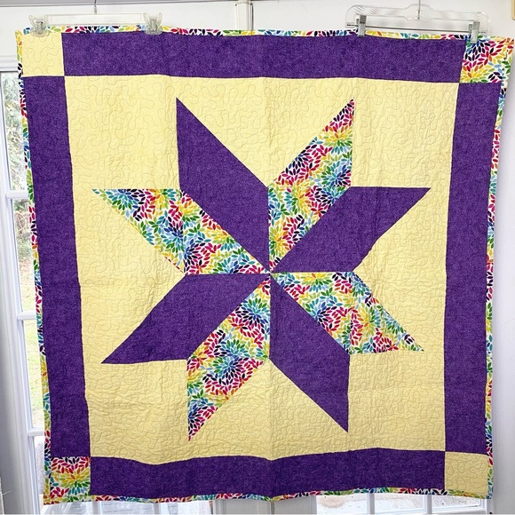 Hand Crafted Other - Handcrafted Purple Yellow Colorful Floral Lone Star Throw Quilt 45" X 45"